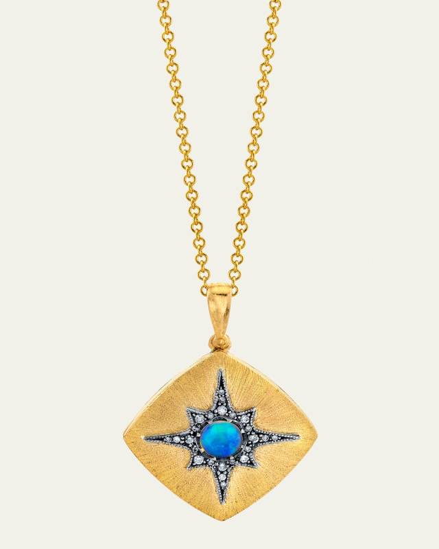 Square Locket with Opal and Diamond Starburst on 22K Gold Chain